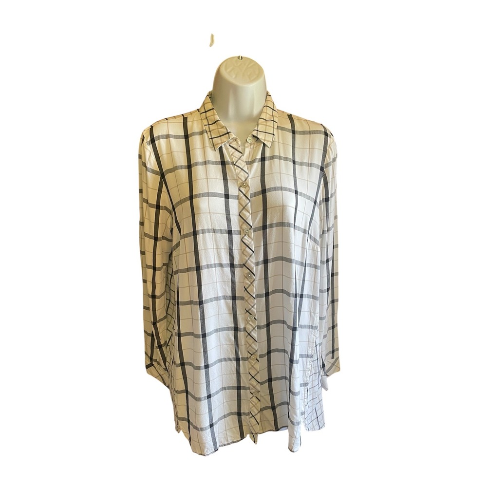 J. Jill Plaid‎ Button Down Long Sleeve Tunic Top Relaxed Fit Cream S